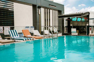Rooftop Lounge pool with Greyhound bus at Bobby Hotel in Nashville